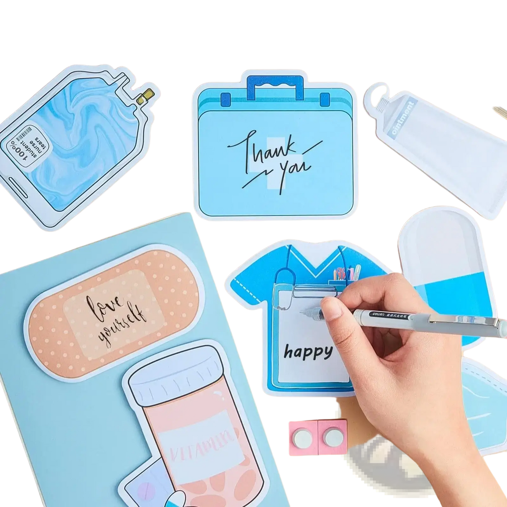 Blue cartoon nurse scrubs sticker with stethoscope and clipboard design from nurse sticky notes 8-piece medical memo pad