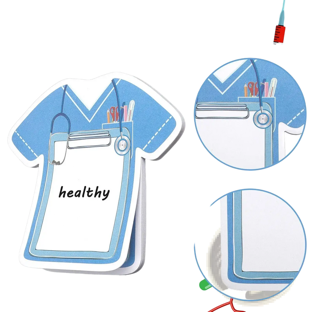 Blue nurse uniform shaped sticky notes with stethoscope and clipboard design titled nurse sticky notes 8-piece medical memo pad