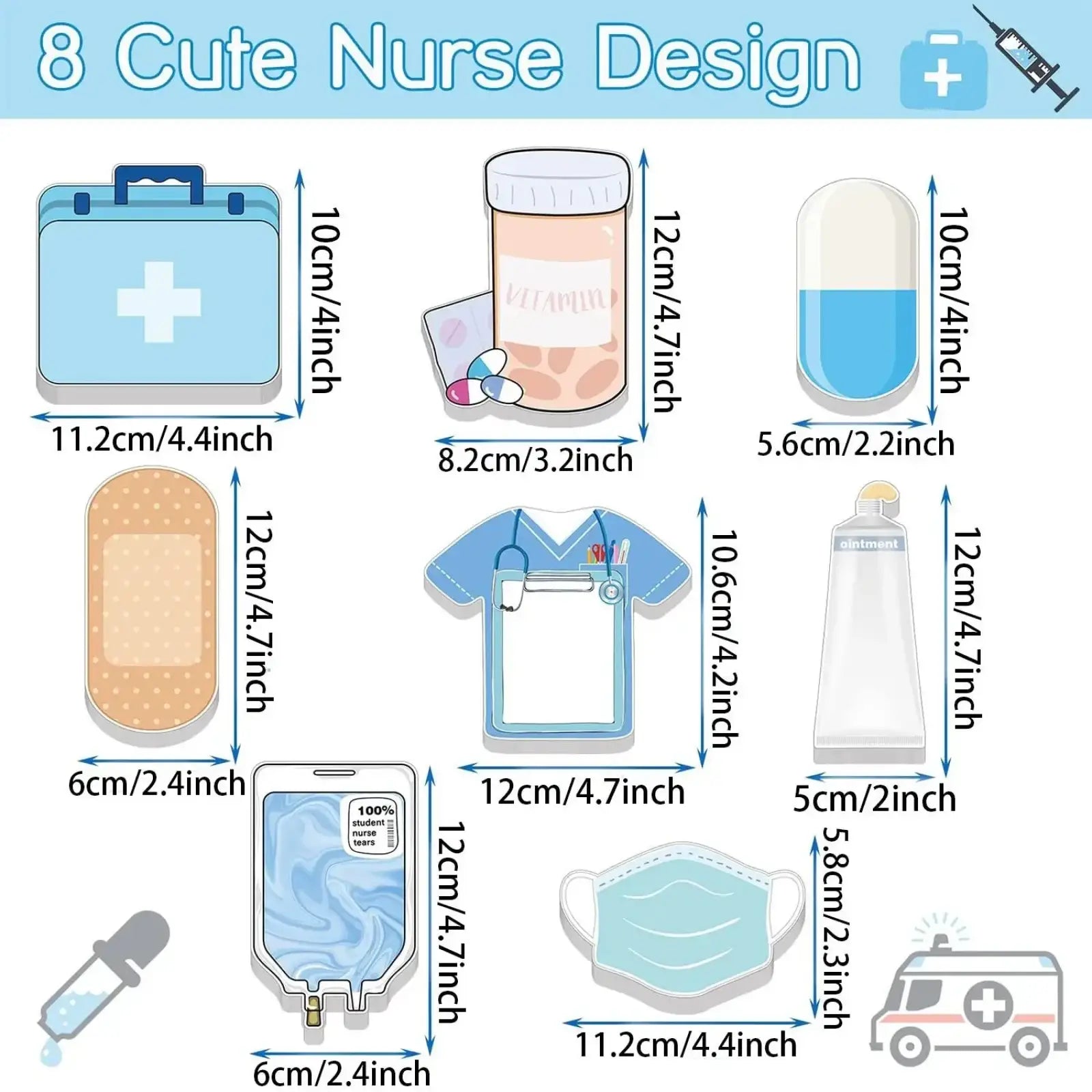 Blue nurse uniform pin with stethoscope and clip detail on nurse sticky notes 8-piece medical memo pad