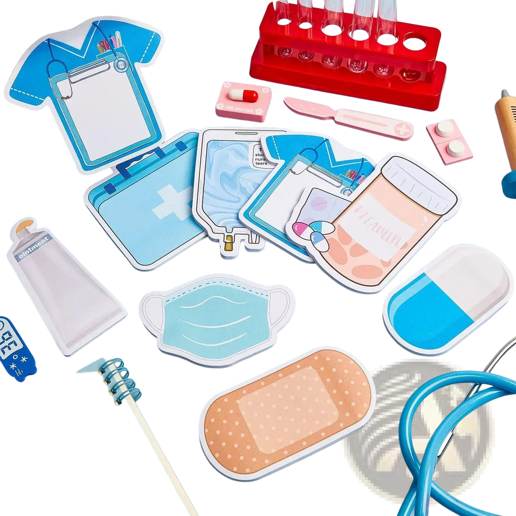 Nurse sticky notes 8-piece medical memo pad with blue and white paper cutouts featuring stitched edges and adhesive backing