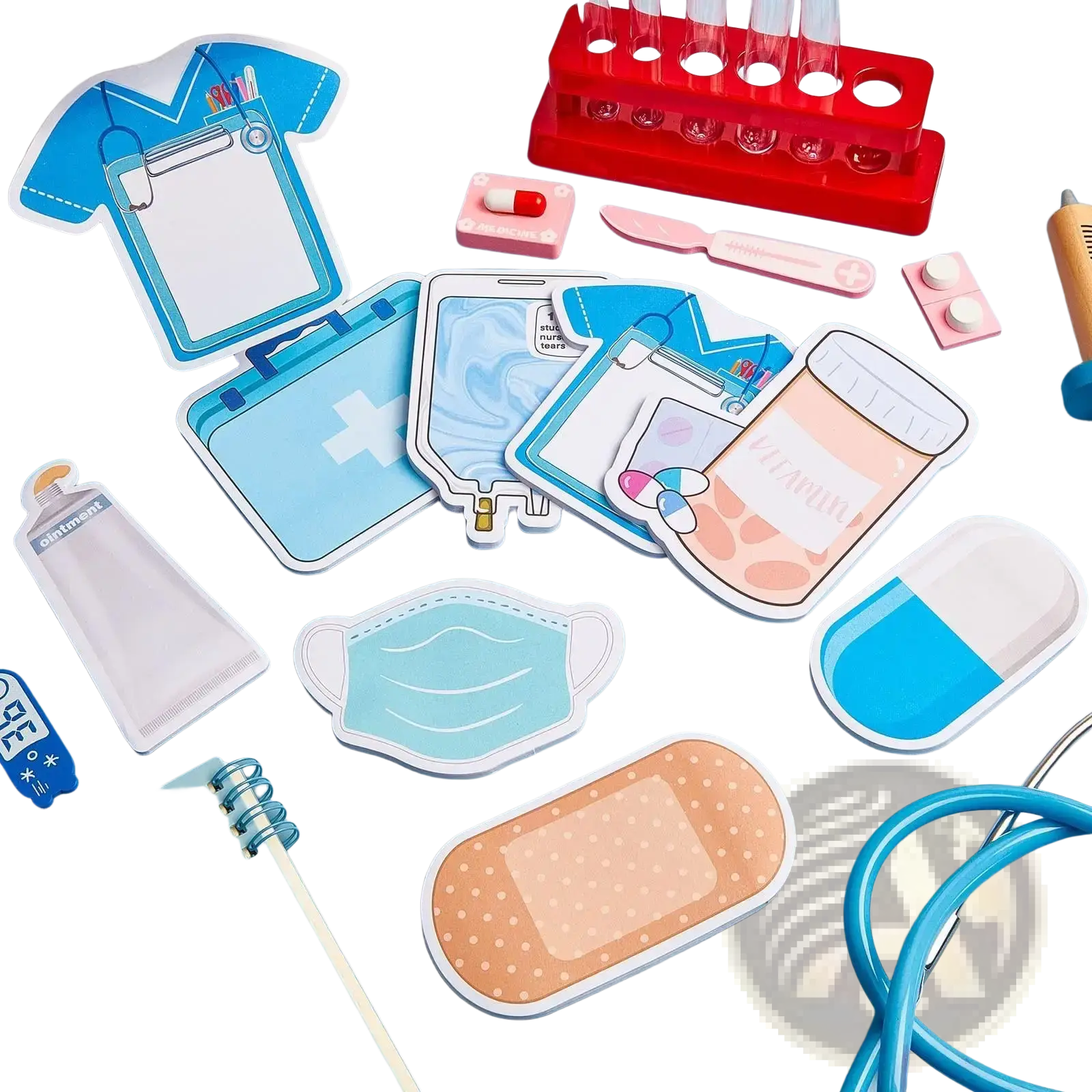 Nurse sticky notes 8-piece medical memo pad with blue and white paper cutouts featuring stitched edges and adhesive backing