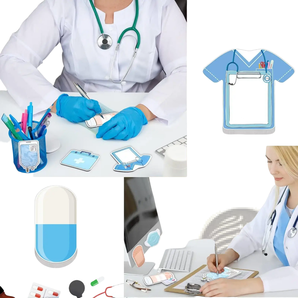 Blue and white cartoon-style nurse scrubs sticky notes with stethoscope clip detail in an 8-piece medical memo pad