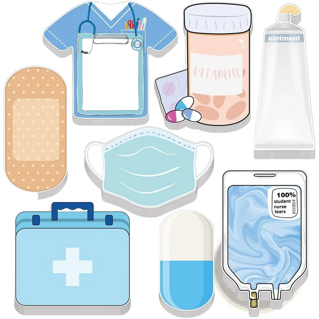 Light blue nurse sticky notes medical memo pad shaped like a first aid kit with a white cross and dark blue handle