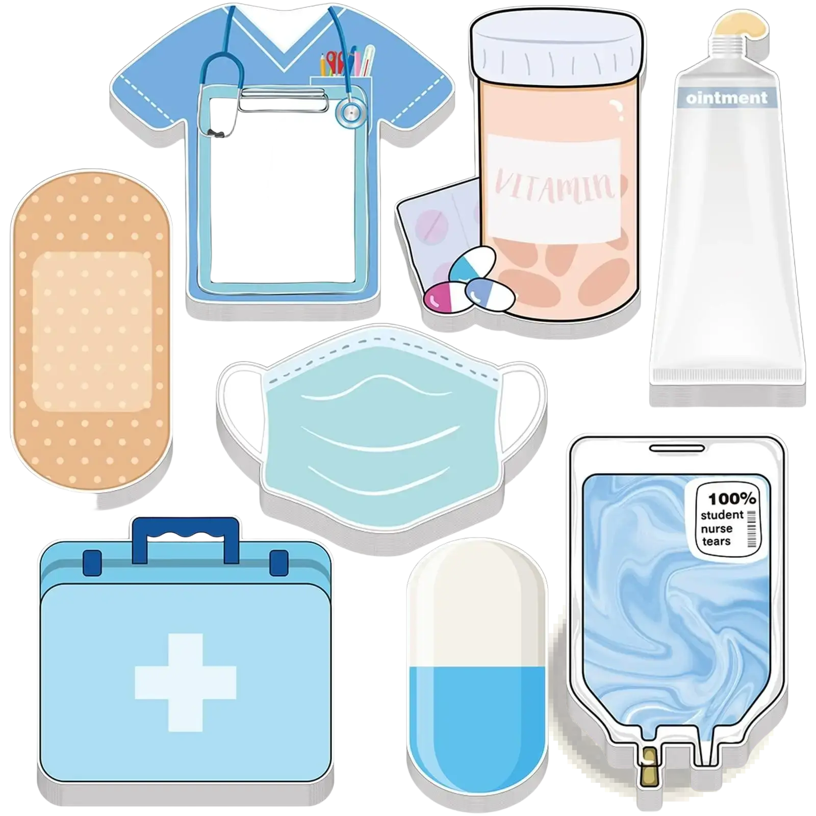 Light blue nurse sticky notes medical memo pad shaped like a first aid kit with a white cross and dark blue handle