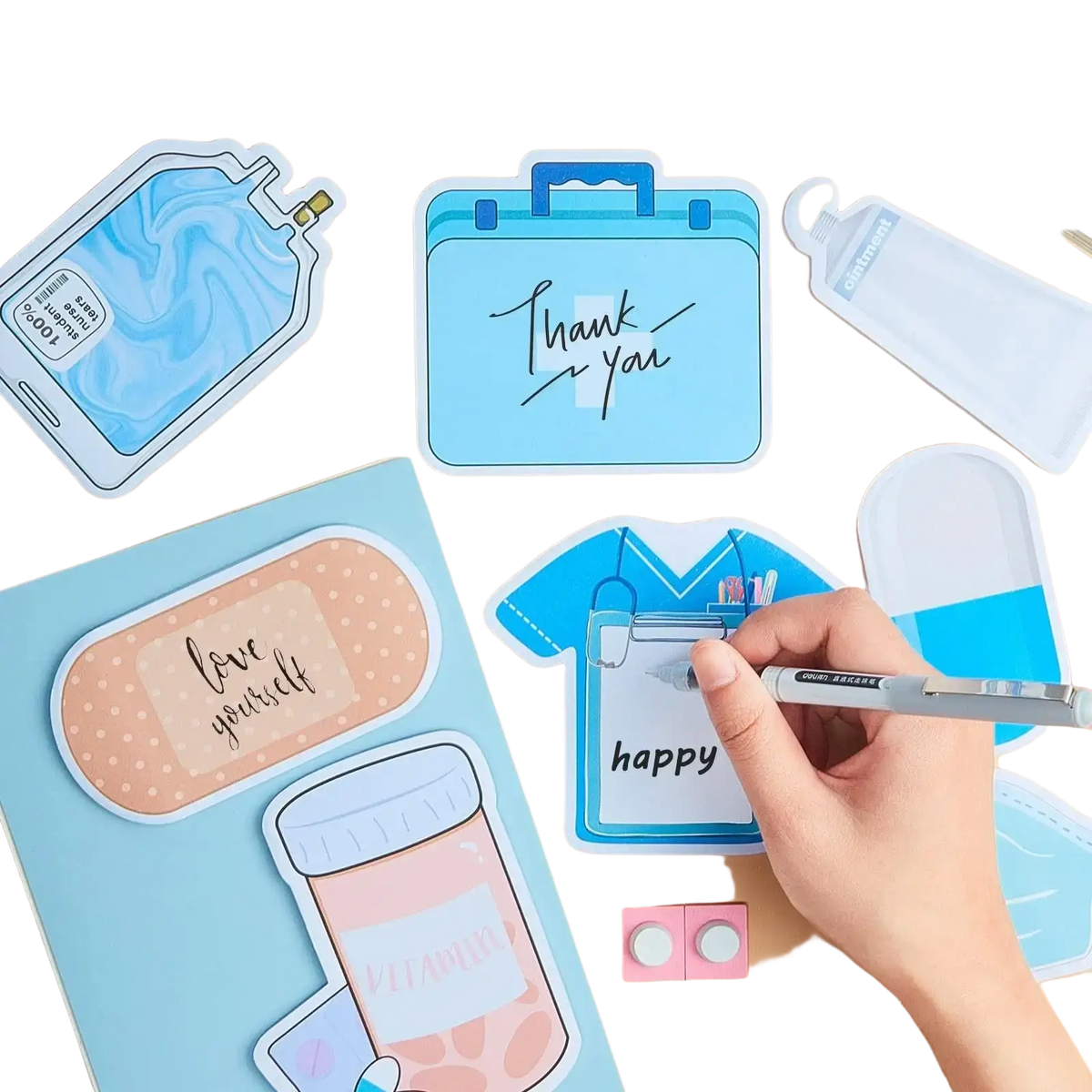 Blue cartoon nurse scrubs sticker with stethoscope and clipboard design from nurse sticky notes 8-piece medical memo pad