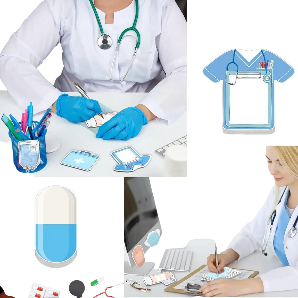 Blue and white cartoon-style nurse scrubs sticky notes with stethoscope clip detail in an 8-piece medical memo pad