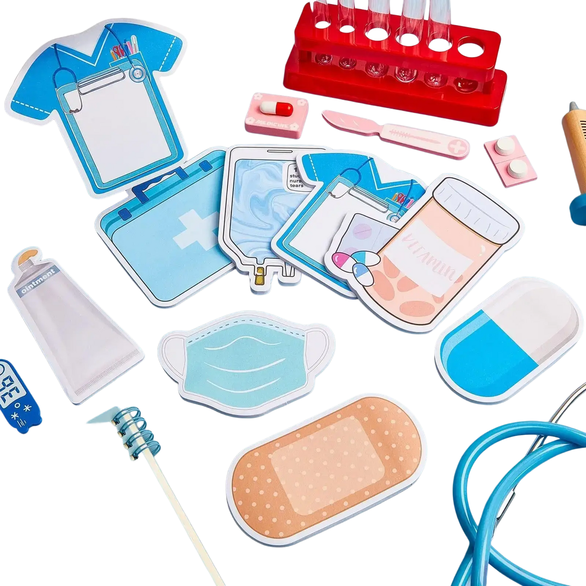Nurse sticky notes 8-piece medical memo pad with blue and white paper cutouts featuring stitched edges and adhesive backing