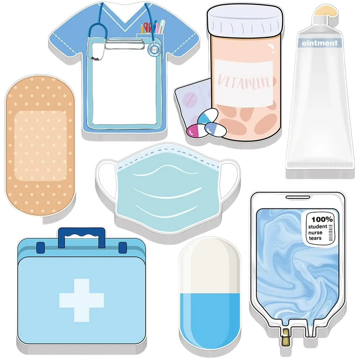 Light blue nurse sticky notes medical memo pad shaped like a first aid kit with a white cross and dark blue handle