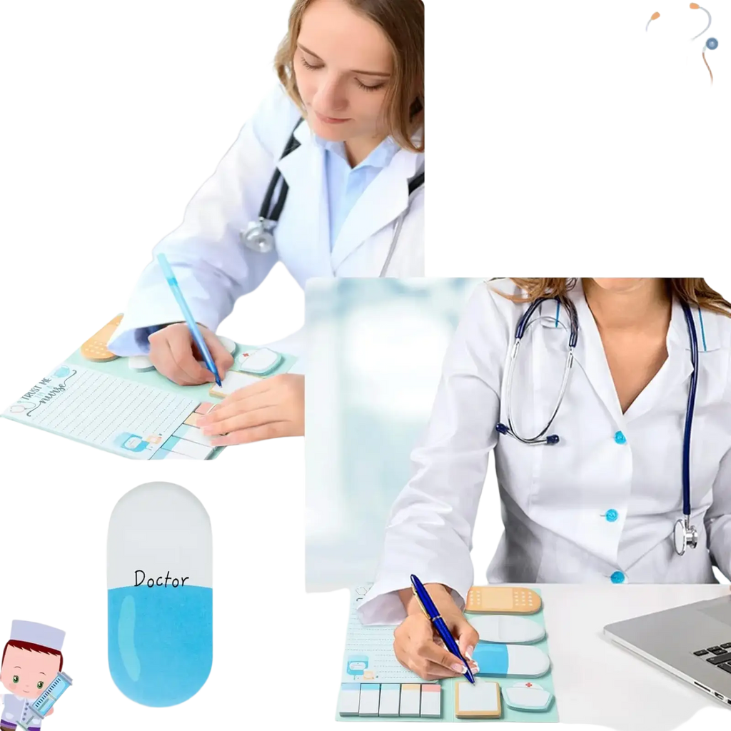 Blue and white pill-shaped sticky note pad with doctor printed for nurse sticky notes set medical stationery gift