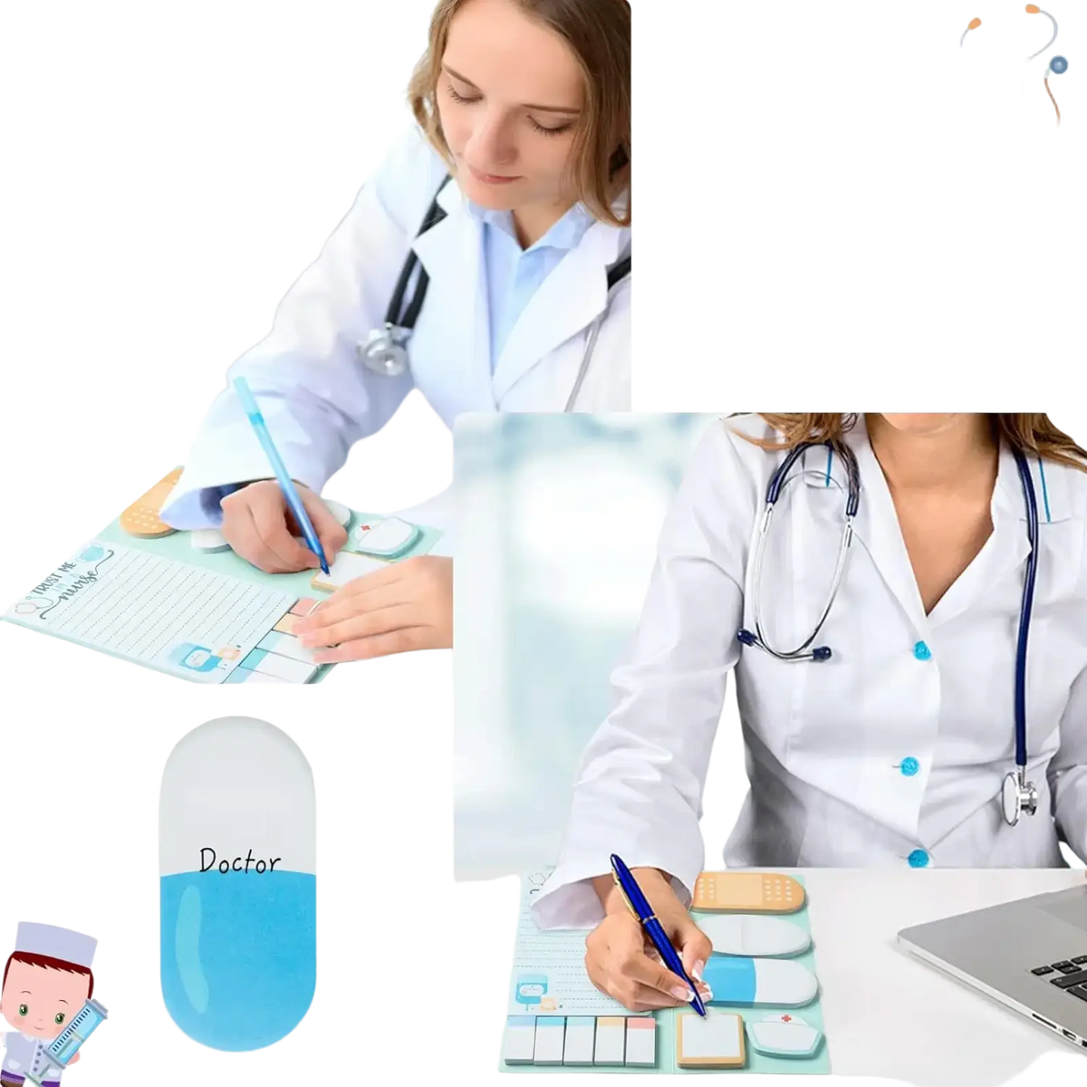 Blue and white pill-shaped sticky note pad with doctor printed for nurse sticky notes set medical stationery gift