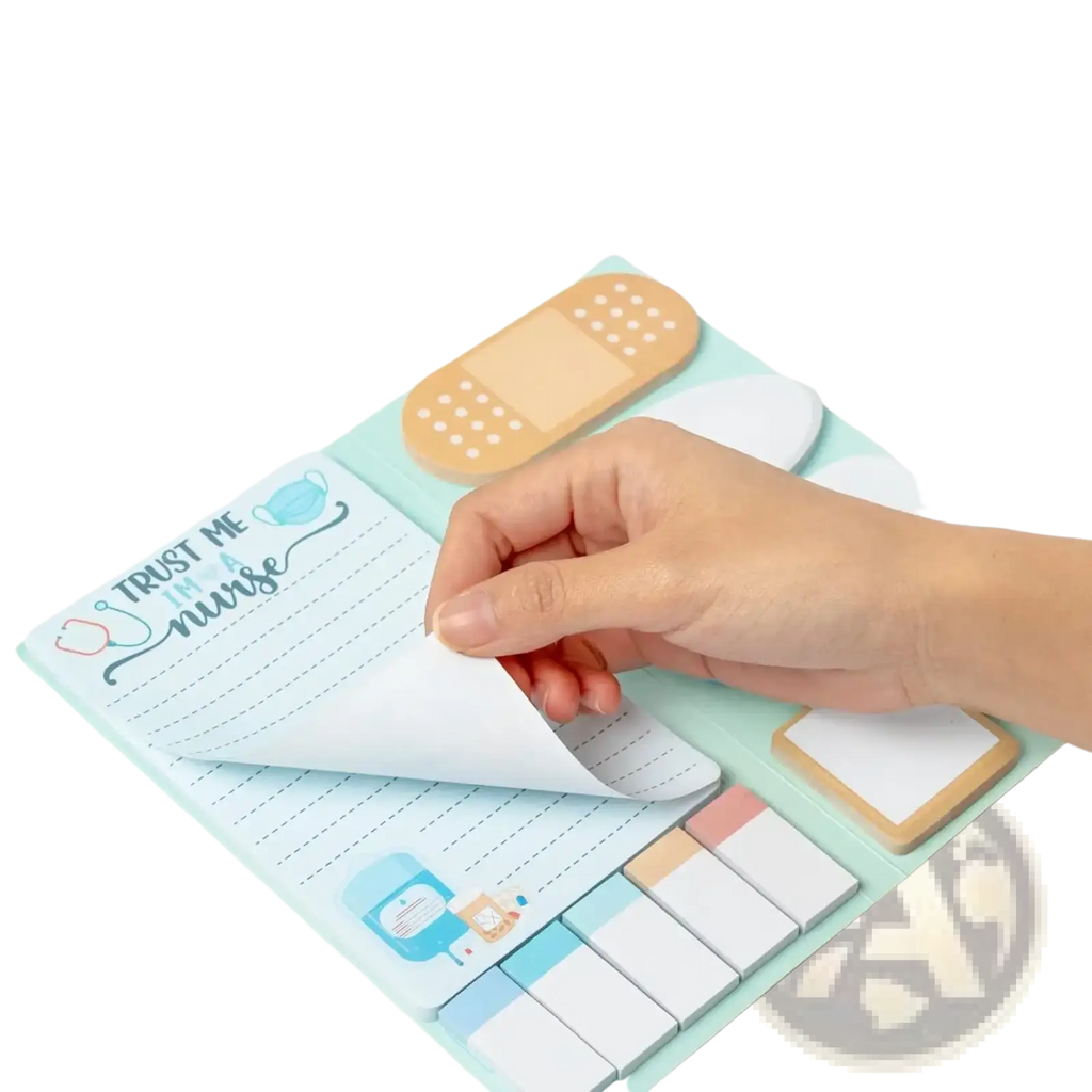 Light blue nurse sticky notes set featuring trust me im a nurse design and adhesive bandage shaped notes for medical use
