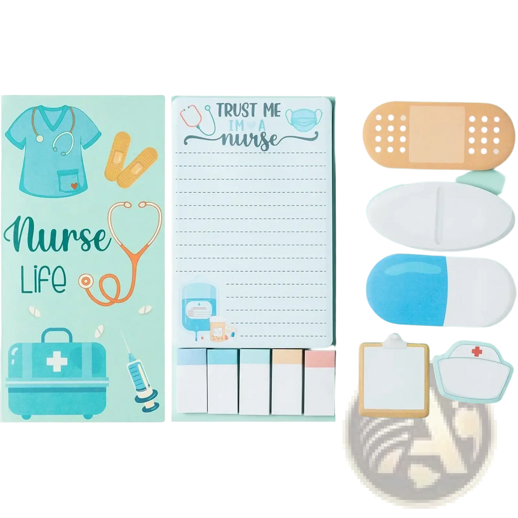 Nurse sticky notes set featuring a light blue notepad with trust me i am a nurse text and pastel adhesive bandages and pills