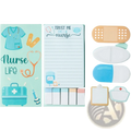Nurse sticky notes set featuring a light blue notepad with trust me i am a nurse text and pastel adhesive bandages and pills