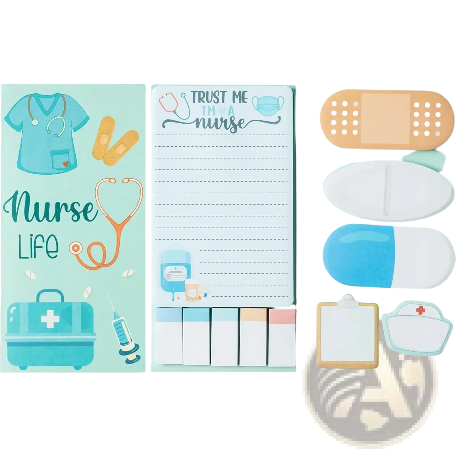 Nurse sticky notes set featuring a light blue notepad with trust me i am a nurse text and pastel adhesive bandages and pills