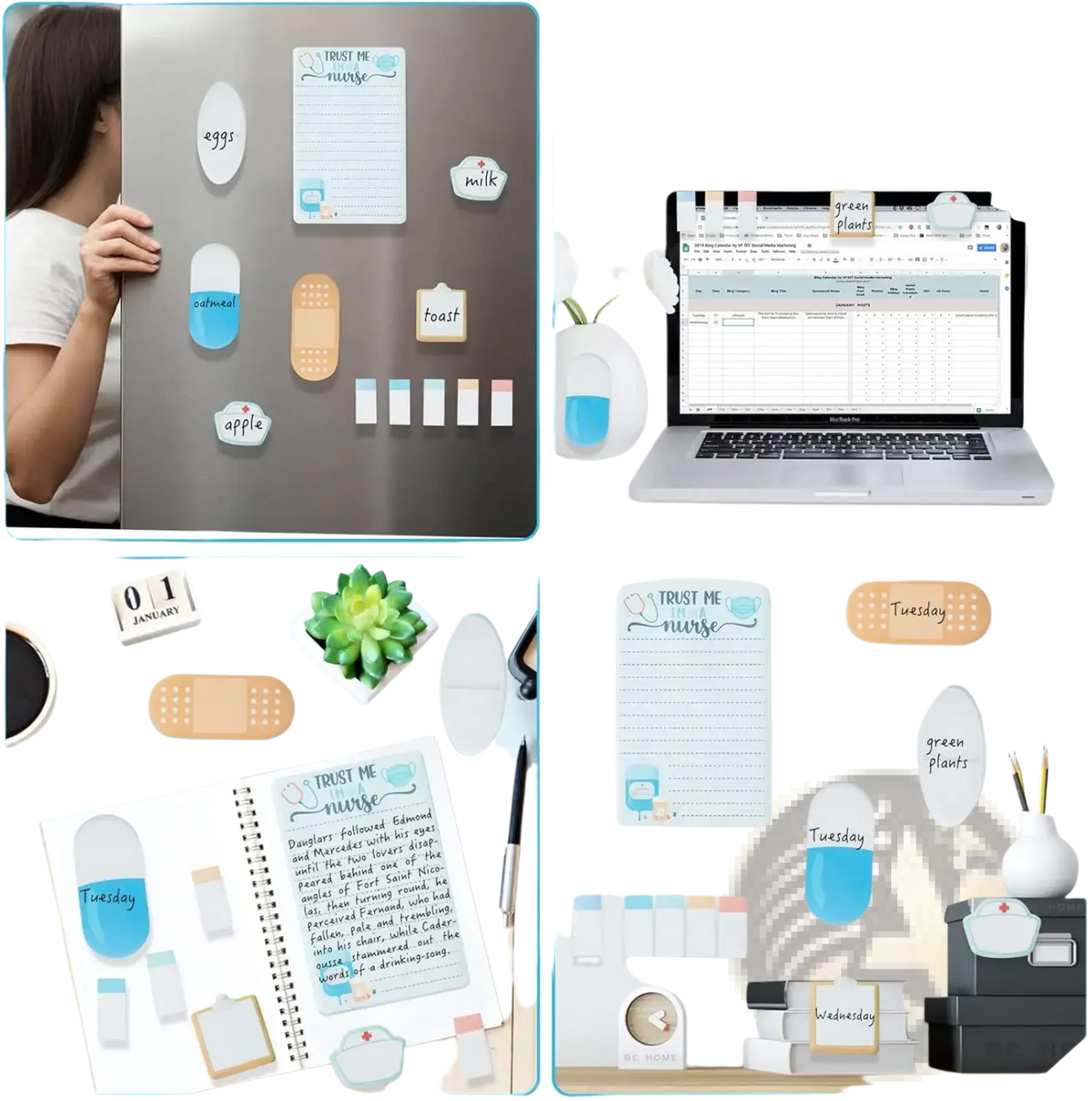Nurse sticky notes set featuring a pastel blue and white magnetic planner with pill and bandage shaped magnets for scheduling