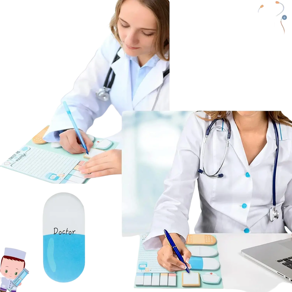 Blue and white pill-shaped sticky note pad with doctor printed for nurse sticky notes set medical stationery gift
