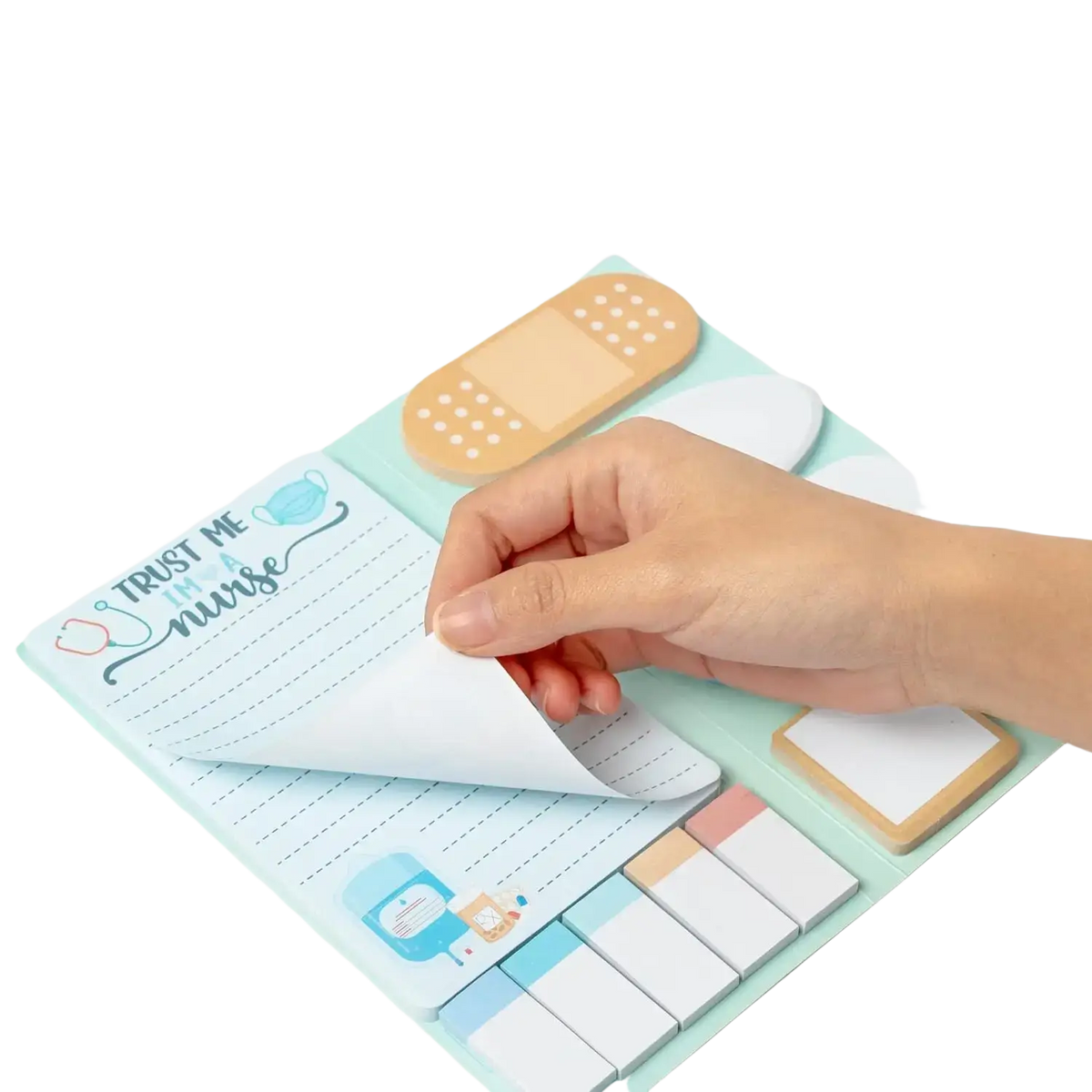 Light blue nurse sticky notes set featuring trust me im a nurse design and adhesive bandage shaped notes for medical use