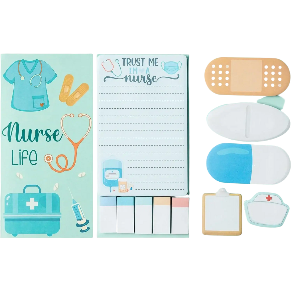 Nurse sticky notes set featuring a light blue notepad with trust me i am a nurse text and pastel adhesive bandages and pills
