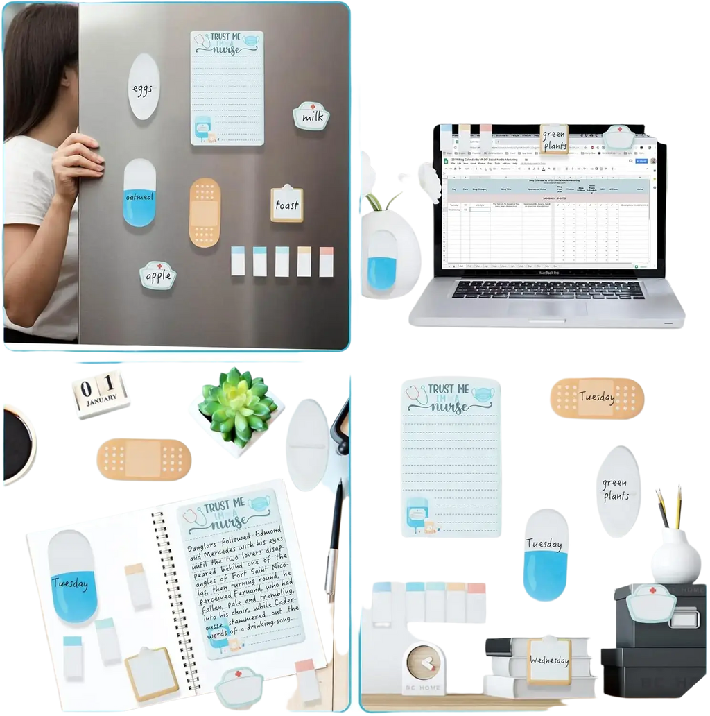 Nurse sticky notes set featuring a pastel blue and white magnetic planner with pill and bandage shaped magnets for scheduling