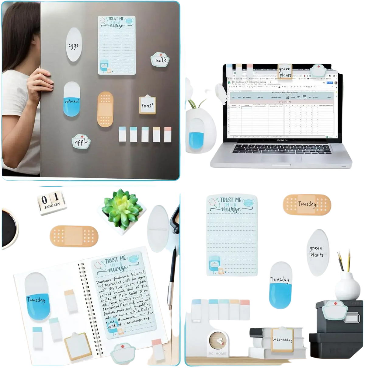 Nurse sticky notes set featuring a pastel blue and white magnetic planner with pill and bandage shaped magnets for scheduling