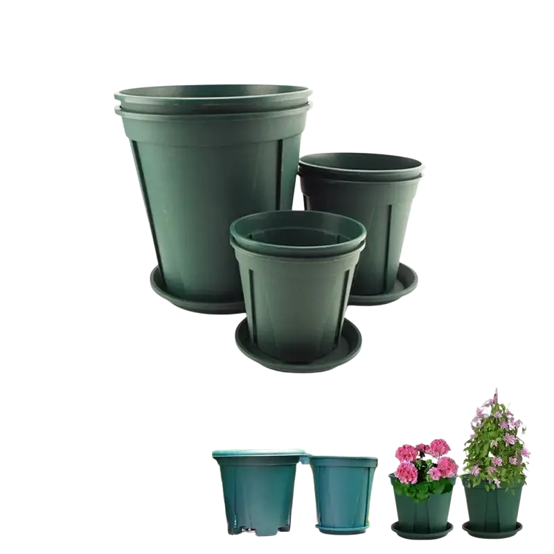 Dark green 5pcs plastic nursery pots with matching trays available in 12 15 18 21cm sizes flower pot set