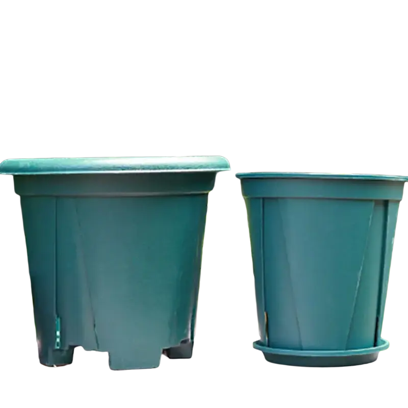 Dark green 5pcs plastic nursery pots with matching trays featuring one flower pot with wider rim and vertical ridges