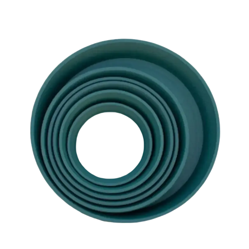 Set of six teal silicone collapsible bowls alongside nursery pots 5pcs plastic flower pot with trays