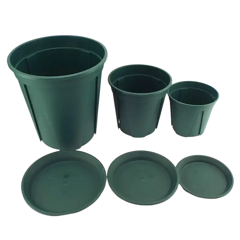 Set of three dark green 5pcs plastic nursery pots with matching saucers for flowers and plants