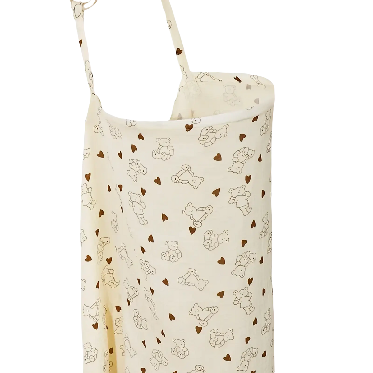 Cream-colored cotton apron with outlined teddy bears and brown hearts, breathable nursing cover design