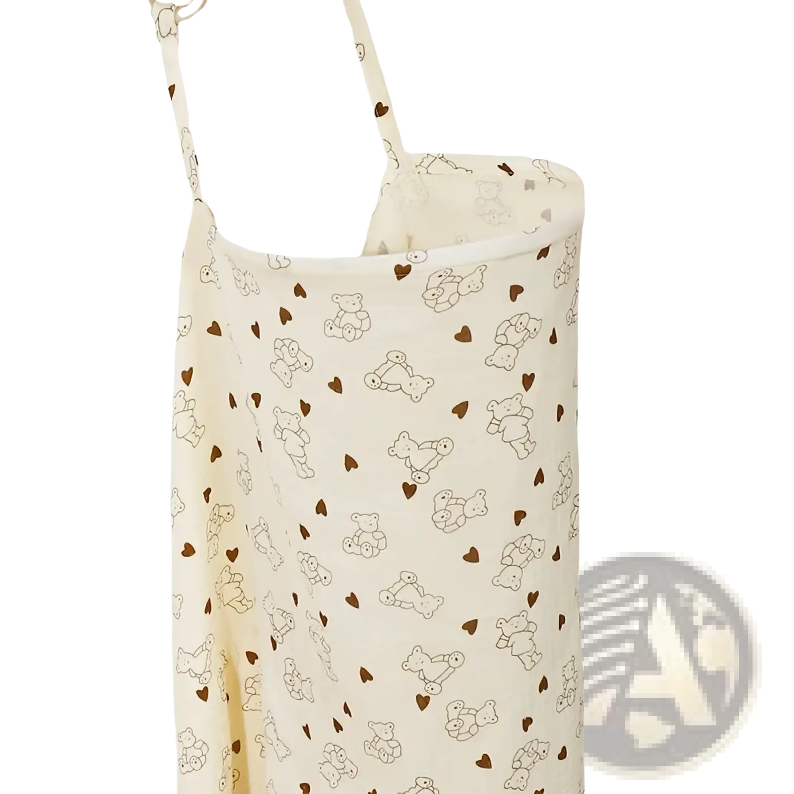 Cream-colored cotton apron with outlined teddy bears and brown hearts, breathable nursing cover design