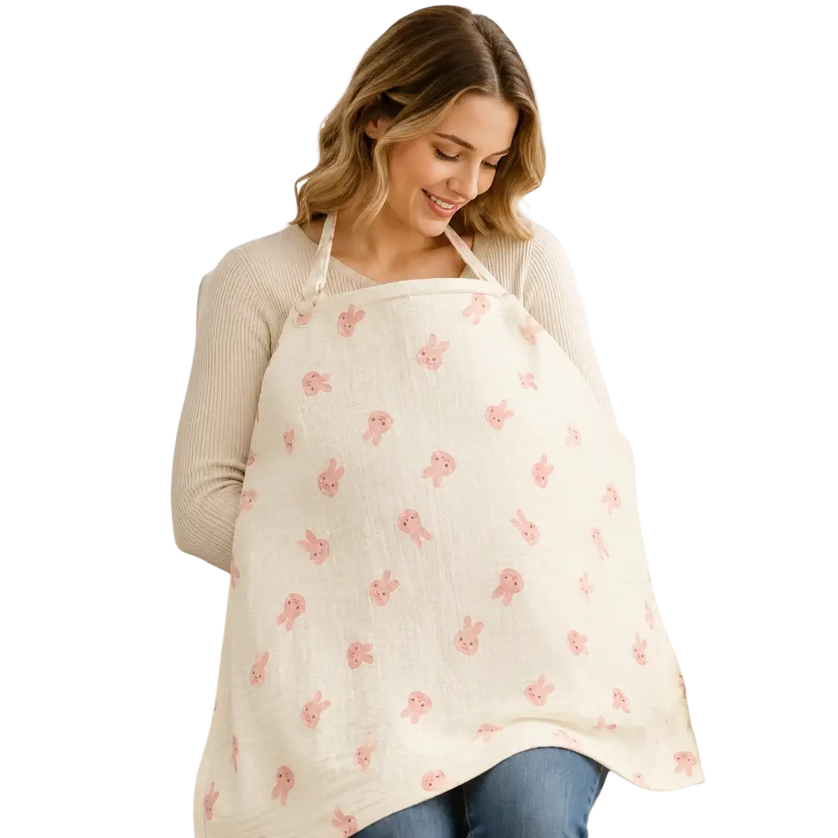 A soft off-white cotton nursing cover with a breathable fabric featuring a gentle pattern of pink cartoon bunnies