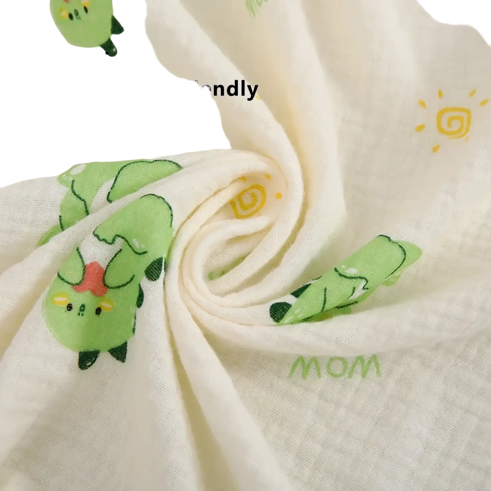 A soft off-white cotton muslin nursing cover featuring a breathable dinosaur print with green and yellow accents