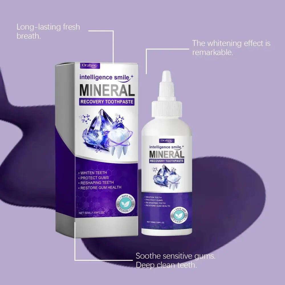 White plastic bottle of Oratage Intelligence Smile mineral recovery whitening toothpaste with purple gemstone label and flip-top cap