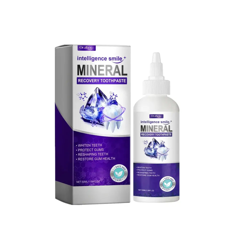 Oral-B intelligence smile mineral recovery whitening toothpaste in white bottle with purple accents and dropper cap plus box
