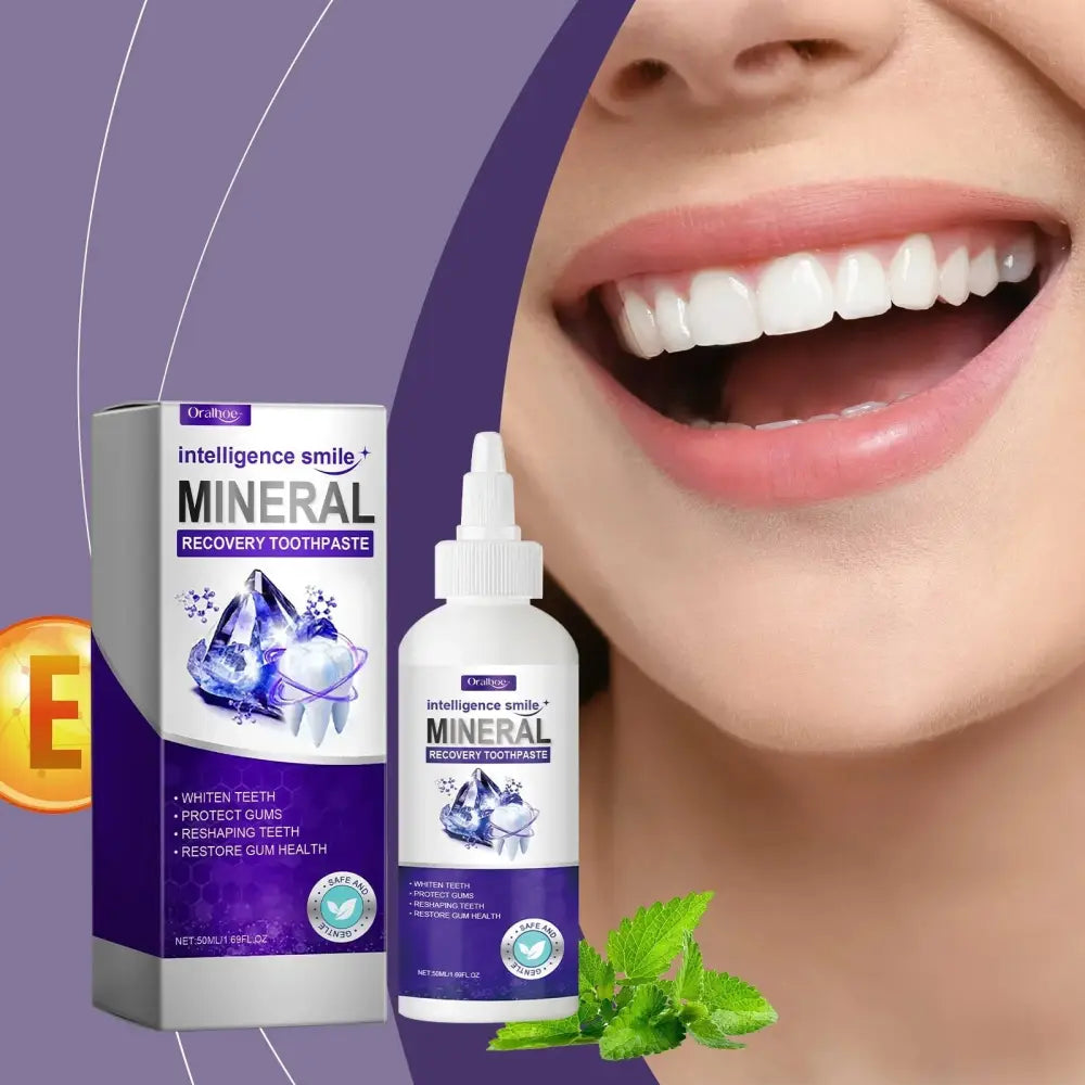 White bottle of oral-b intelligence smile+ mineral recovery whitening toothpaste with purple silver packaging and dropper cap