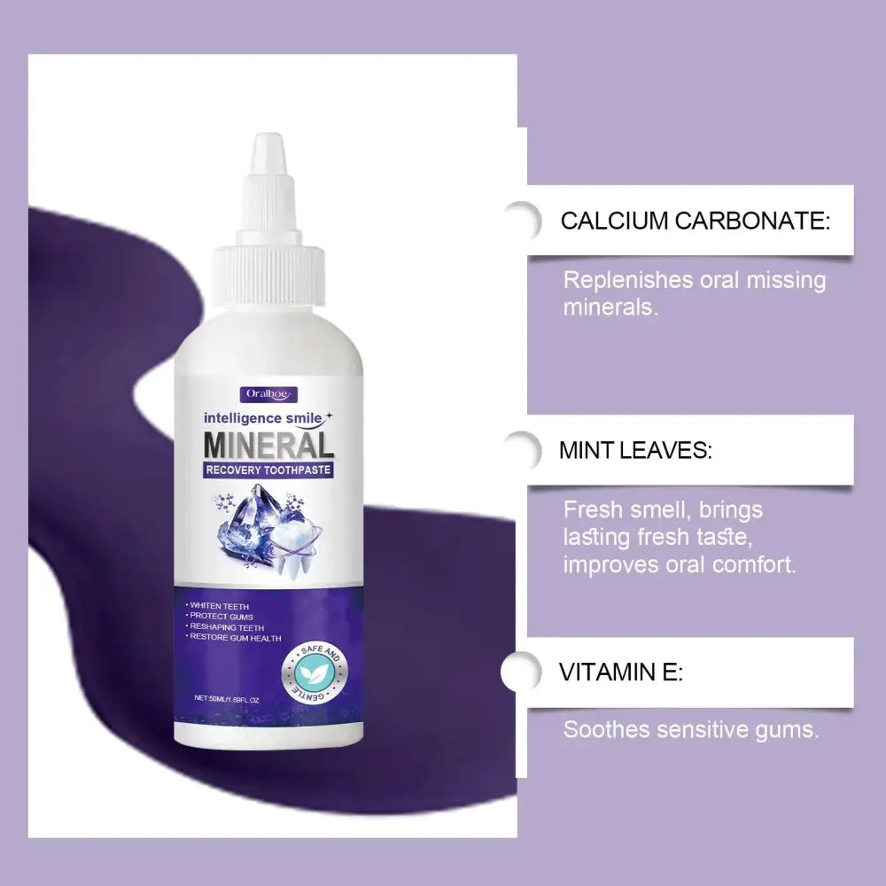 White and purple bottle of Oratage Intelligence Smile mineral recovery whitening toothpaste with a white flip-top cap