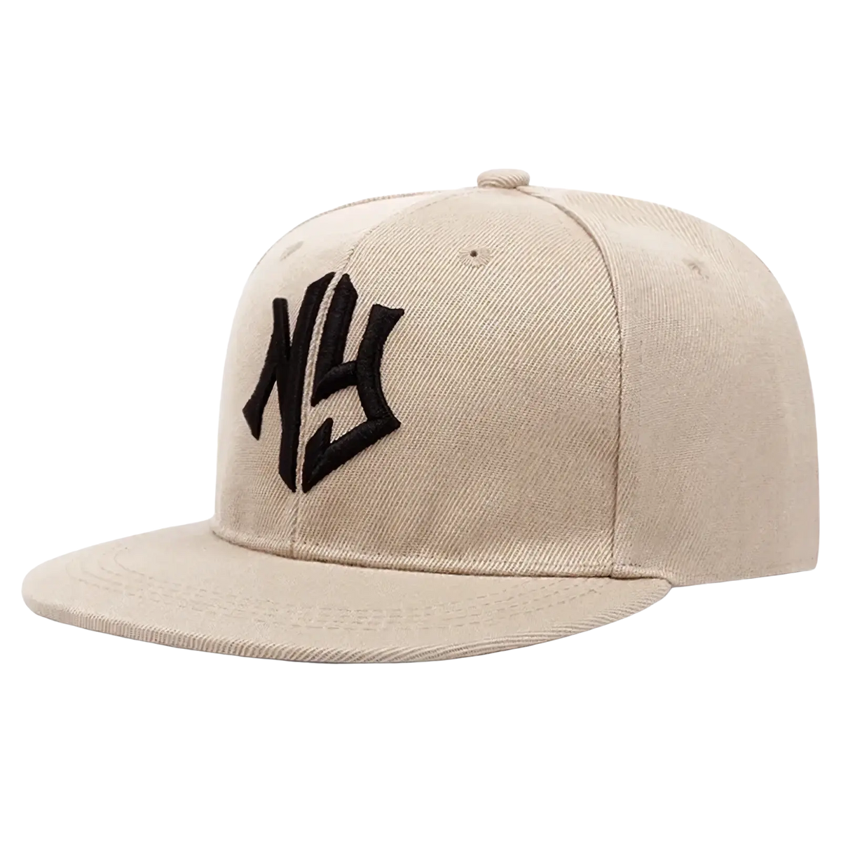 Beige snapback hip hop hat with black embroidered ny logo featuring a classic adjustable fit design