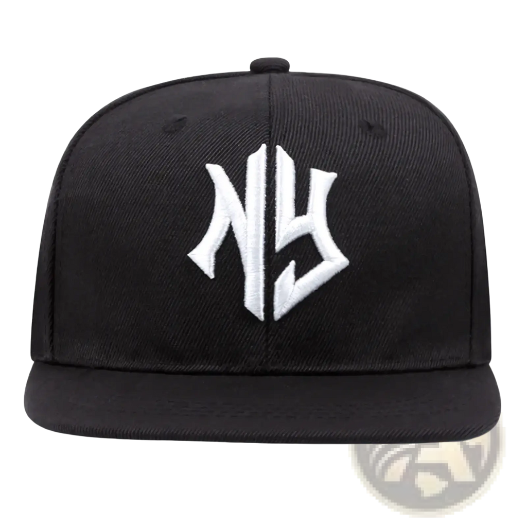 Black snapback hip hop hat with bold white embroidered ny logo on front made of durable fabric