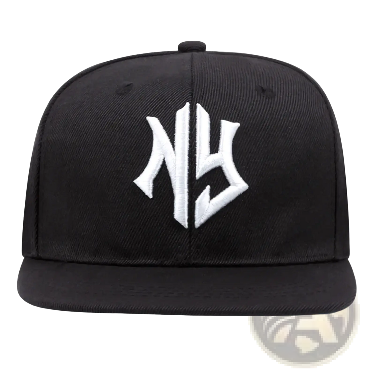 Black snapback hip hop hat with bold white embroidered ny logo on front made of durable fabric