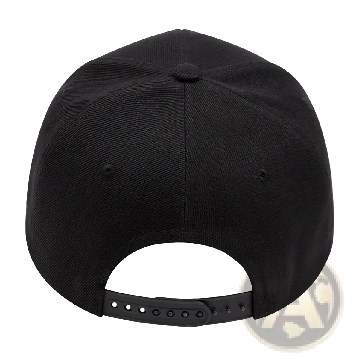 Black ny embroidered snapback hip hop hat with textured fabric crown and adjustable strap shown from the back side