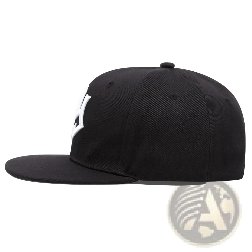 Black snapback cap with white embroidered ny logo on front, ideal for hip hop style and casual wear