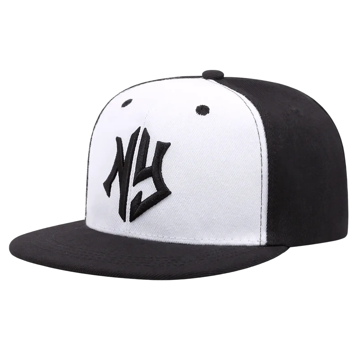 Black and white snapback hip hop hat featuring a bold embroidered ny logo on the front panel