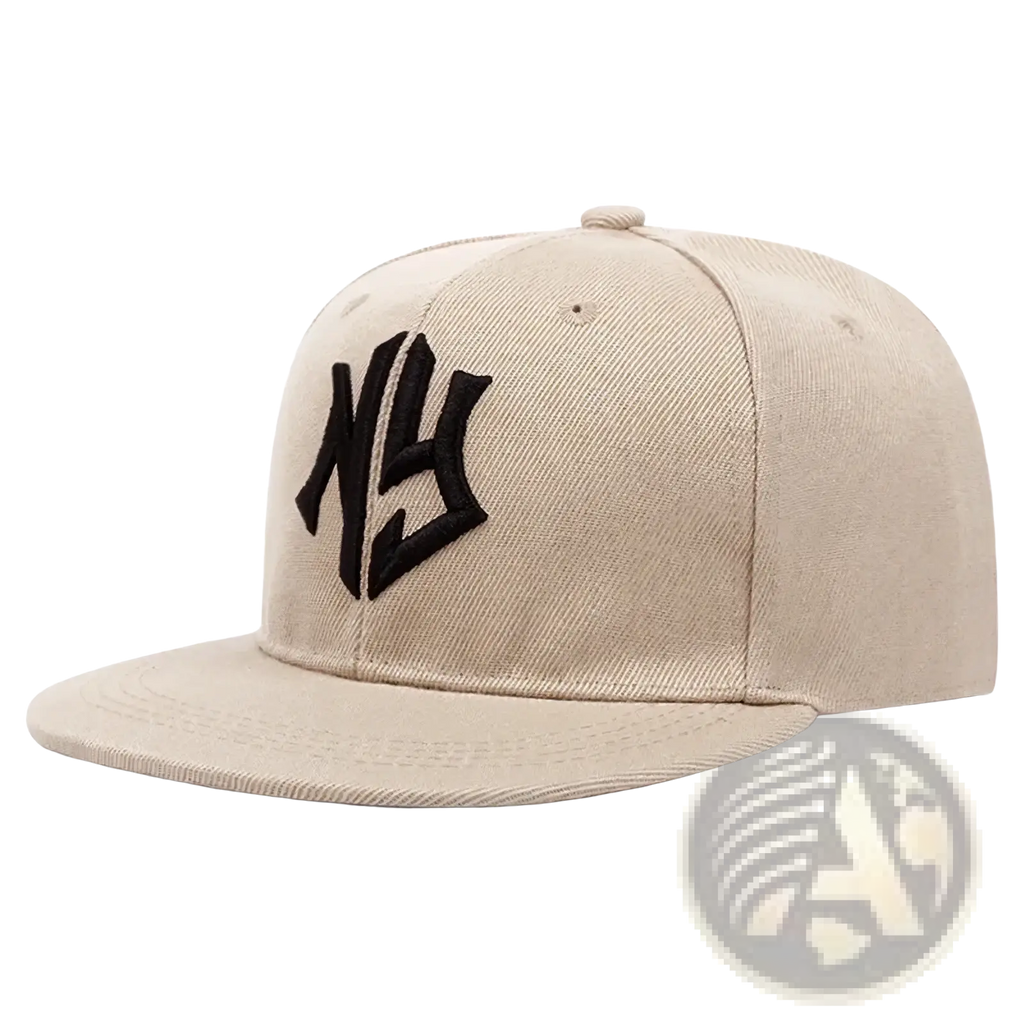 Beige snapback hip hop hat with black embroidered ny logo featuring a classic adjustable fit design