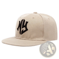 Beige snapback hip hop hat with black embroidered ny logo featuring a classic adjustable fit design