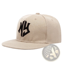 Beige snapback hip hop hat with black embroidered ny logo featuring a classic adjustable fit design
