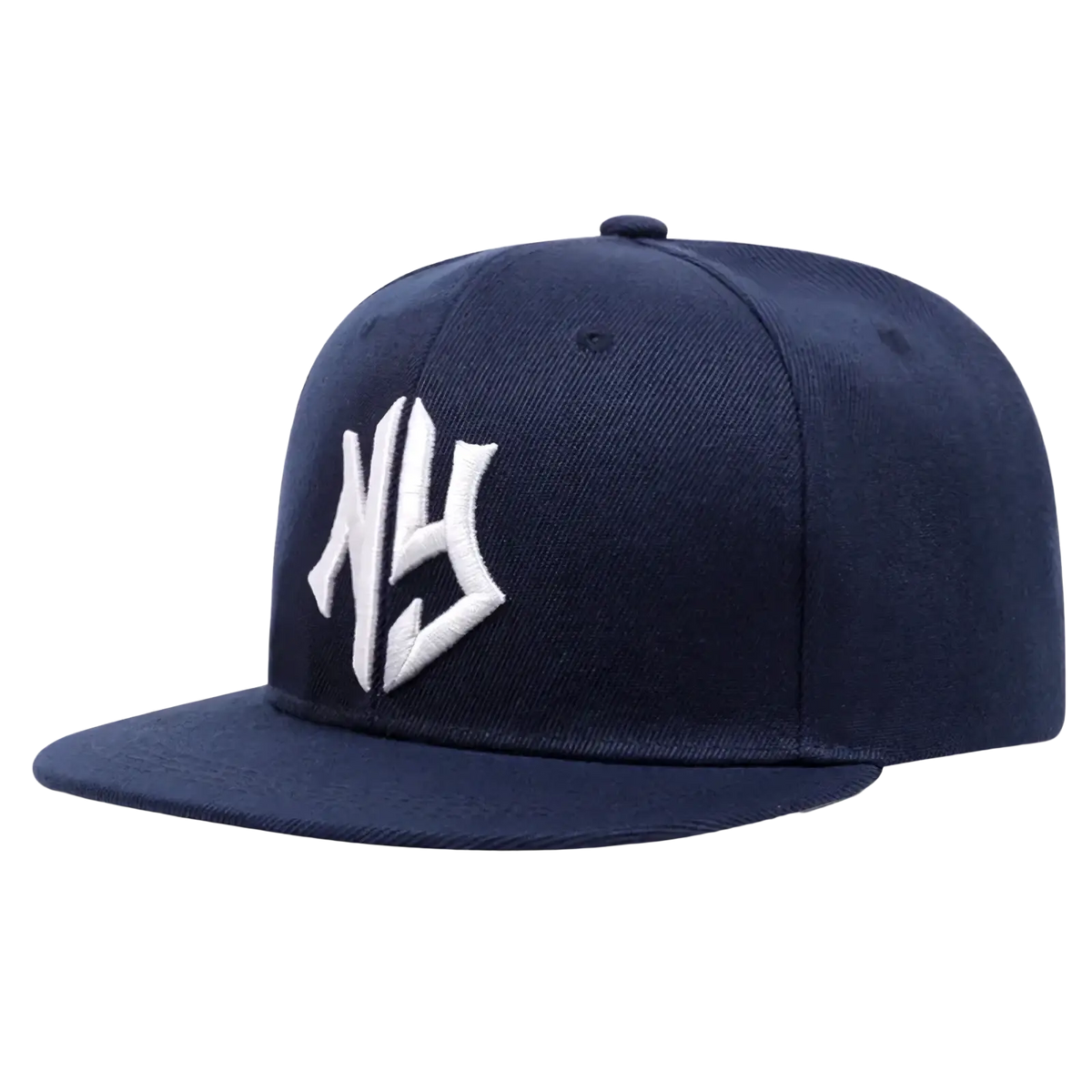 Navy blue snapback hip hop hat with white embroidered ny logo, featuring a classic adjustable fit