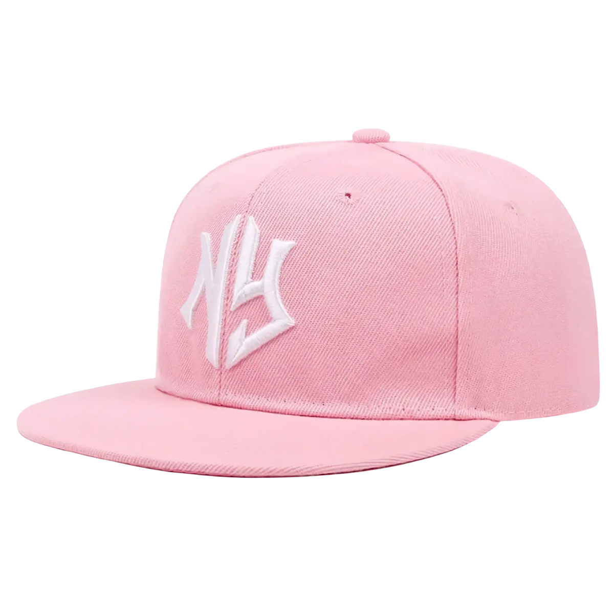 Pink snapback hip hop hat with white embroidered ny logo featuring a classic adjustable design