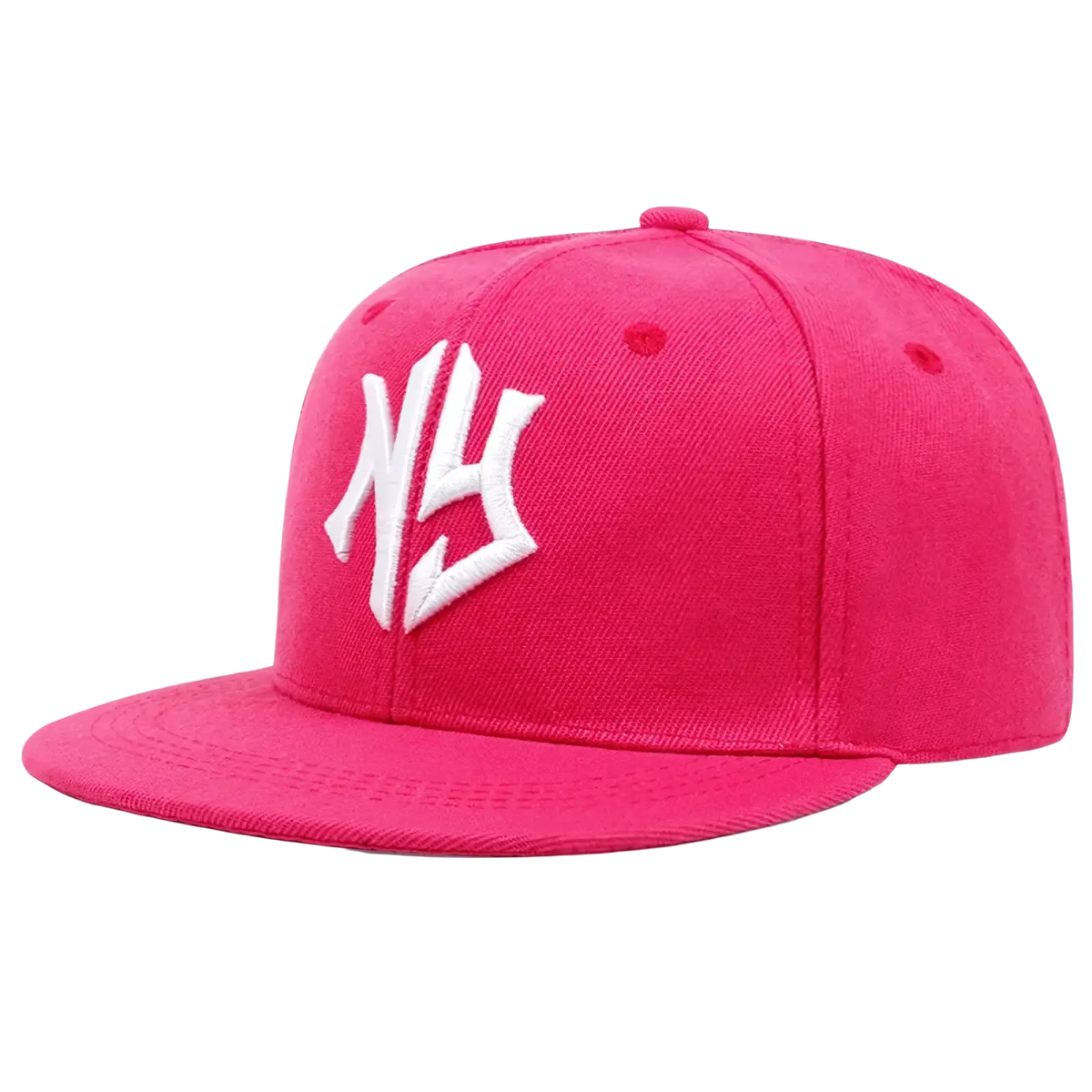Vibrant pink snapback hip hop hat with bold white embroidered ny logo on the front panel