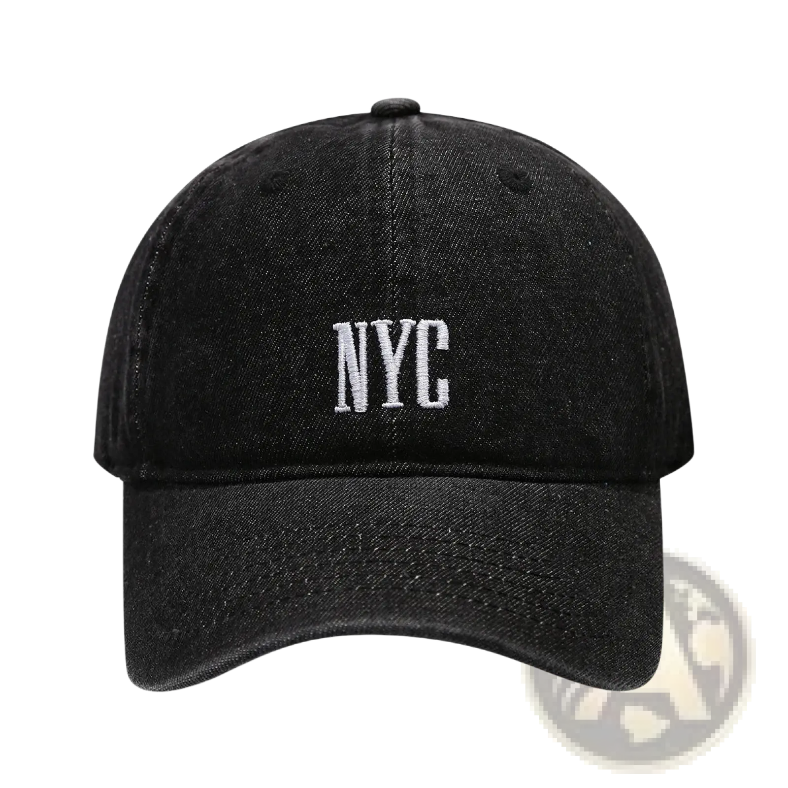 Black denim baseball cap with white embroidered nyc lettering featuring retro letter embroidery design