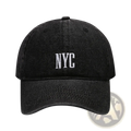 Black denim baseball cap with white embroidered nyc lettering featuring retro letter embroidery design